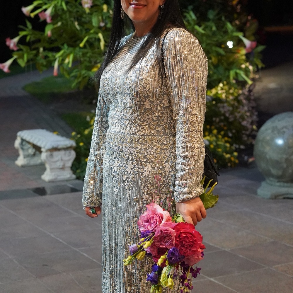 Mac Duggal Silver Beaded Long-Sleeve Evening Dress - Picture 6 of 6